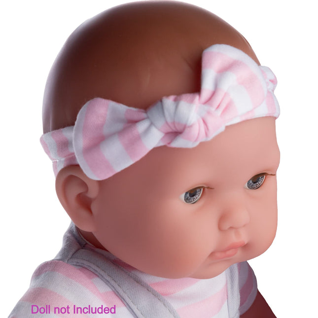 Berenguer Grey overall shorts with pink stripes, headband and booties.