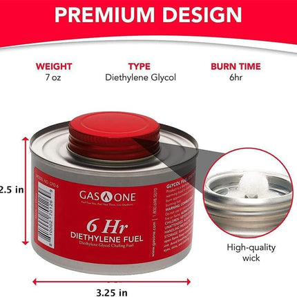 Gas One 3 Pack 6 Hour Chafing Fuel - Food Warmer for Chafing Dish Buffet Set - Reusable Liquid Safe Fuel with Wick & Lid Opener