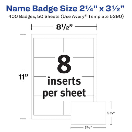 Avery Name Badge Inserts, Print or Write, 2-1/4 Inch x 3-1/2 Inch, 400 Card Stock Refills (5390), White