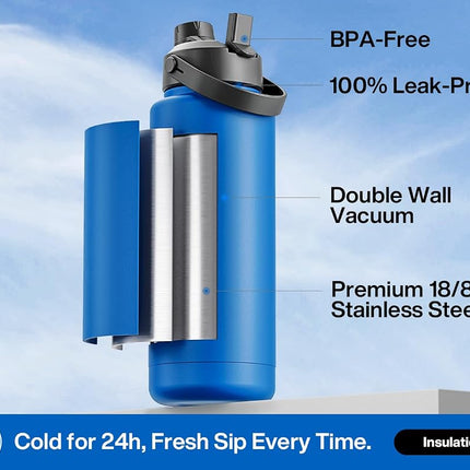 POWCAN 1183 ml Insulated Water Bottle with 2-in-1 Straw and Spout Lid, Keep Cold 24H, Leak-Proof, BPA-Free, Double Wall Stainless Steel Water Bottle for Sports, Gym, Travel and School (Pacific Ocean)