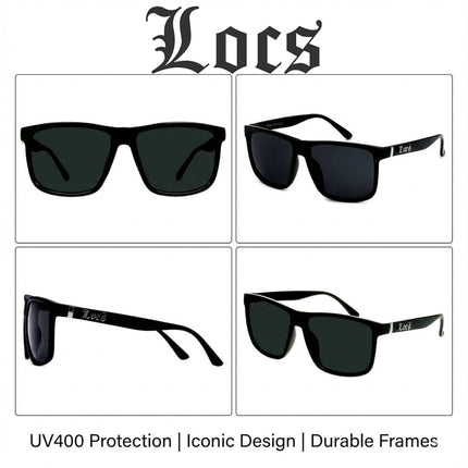 Lunettes de soleil Locs Gangster rectangulaires surdimensionnées à monture en corne entièrement noires pour hommes