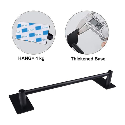 NearMoon Self Adhesive Bathroom Towel Bar- Stainless Steel Bath Wall Shelf Rack Hanging Towel Stick On Sticky Hanger Contemporary Style, NO Drilling (1 Pack, Matte Black, 9-Inch Towel Rack)