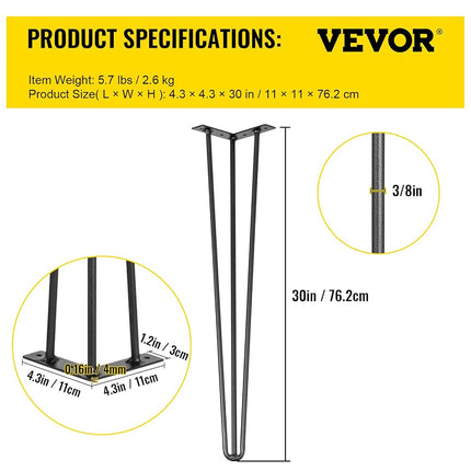 VEVOR Hairpin Table Legs 30" Black Set of 4 Desk Legs 880lbs Total Load Capacity Hairpin Desk Legs 3 Rods for Bench Desk Dining End Table Chairs Carbon Steel DIY Heavy Duty Furniture Legs