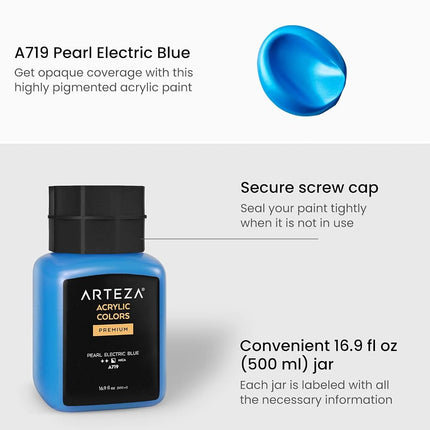 ARTEZA Acrylic Paint, A719 Pearl Electric Blue, 16.9 fl oz, 500ml Jar, Opaque, Quick-Drying, Acrylic Paints for Painting on Canvas