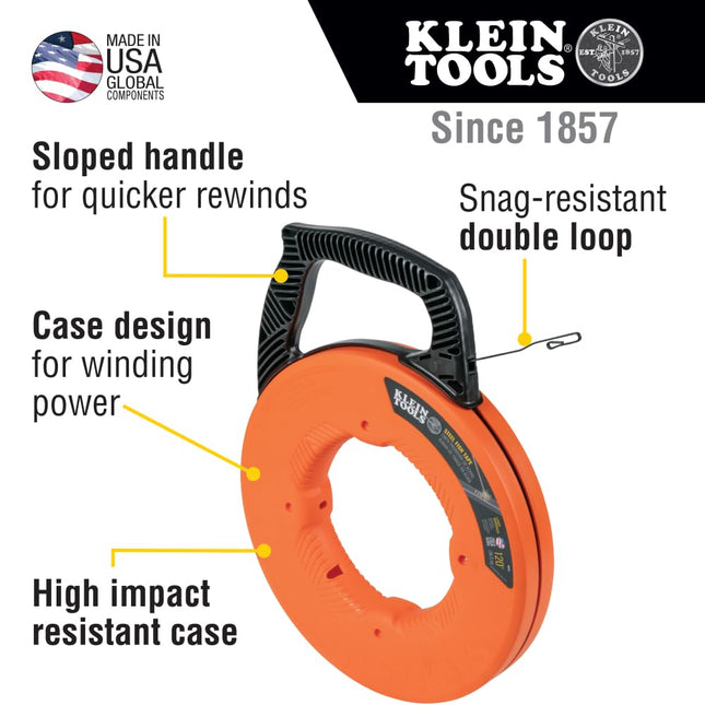 Fish Tape, Steel Wire Puller with Double Loop Tip, Optimized Housing and Handle, 3 mm x 36.6 m, Klein Tools 56333