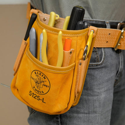 Klein Tools 5125L All Leather 5-Pocket Tool Pouch with Chain Tape Thong and Tunnel Belt Connection