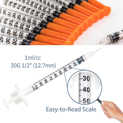 GLUCO-CARE 1 ml/cc Syringes 30G x 1/2’’ (12.7mm), Orange Cap, 100/box