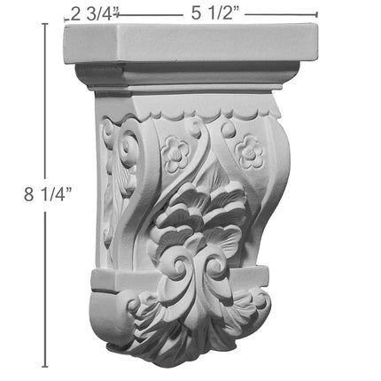 Ekena COR05X02X08EM 5 1/2" W x 2 3/4" D x 8 1/4" H Emery Leaf Corbel, Primed