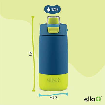 Ello Kids Colby 12oz Stainless Steel Insulated Water Bottle with Straw and Built-in Silicone Coaster Carrying Handle and Leak-Proof Locking Lid for School Backpack, Lunchbox, and Outdoor Sports, Teal
