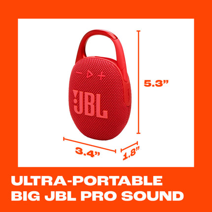 JBL Clip 5 - Altavoz Bluetooth ultraportátil, impermeable y a prueba de polvo, sonido profesional grande con bajos potentes, mosquetón integrado, hasta 12 horas de reproducción, fabricado en parte con materiales reciclados (Rojo)