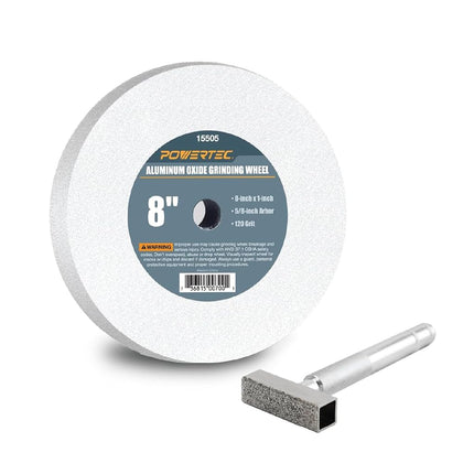 POWERTEC Bench Grinder Wheel + Diamond Wheel Dresser 8 Inch 120 Grit, White Aluminum Oxide Grinding Wheel for Bench Pedestal Grinder, 1" Thick 5/8" Arbor, Sharpening Shaping Blade, Chisel, Drill Bits