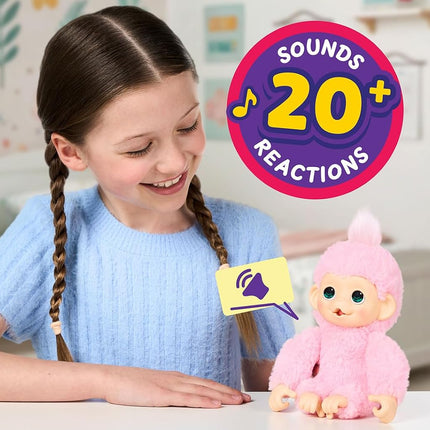 Little Live Pets Baby Monkey Minis – Luna Lemon. Interactive Pet Toy. 20+ Sounds & Reactions. Soft Pink Fur. 7.4" Tall. Feed, Nurture. React. Grippy Hands & Feet. Collect All 3