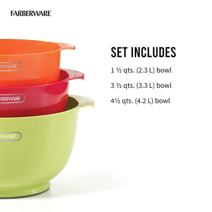 Farberware - 5216128 Farberware Professional Plastic Mixing Bowls, Set of 3, Orange/Red/LightGreen