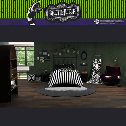 Franco Comforter and Sheet Set, Microfiber, Black & White-Beetlejuice, 5 Piece Queen Size