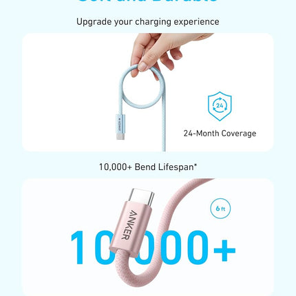 Anker Zolo USB C to USB C Cable, Braided and Dirt-Free Type-C Fast Charging Cable, Slim Connector, for iPhone 16 Series, MacBook (240W) (Pink, 3FT)