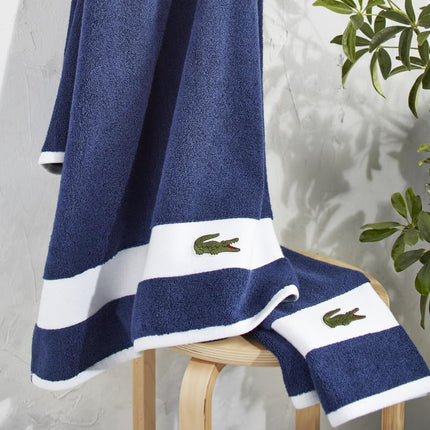 Lacoste Sport Stripe 6-Piece Luxury Cotton Towel Set – Made with 100% Soft Supima Cotton, Absorbent & Quick-Drying, Includes 2 Bath Towels, 2 Hand Towels, 2 Washcloths, Navy