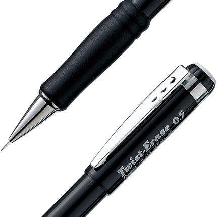 Pentel Twist Erase 0.5 mm (punta fina) - Twist Erase III - Mina Super Hi-polymer HB precargada - Barril negro - Paquete de 3