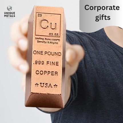 Unique Metals 1 Pound Copper Bar Ingot Paperweight - 999 Pure Chemistry Element Design with Certificate of Authenticity by