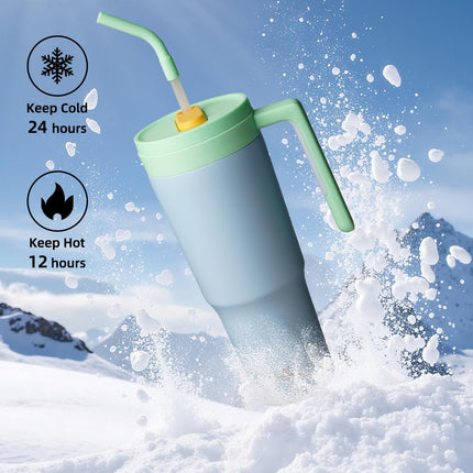 Gobelet isotherme Konokyo avec poignée et paille, bouteille d'eau isotherme sous vide en acier inoxydable de 1,2 L, tasse de voyage en métal avec diffuseur de fruits, bleu clair