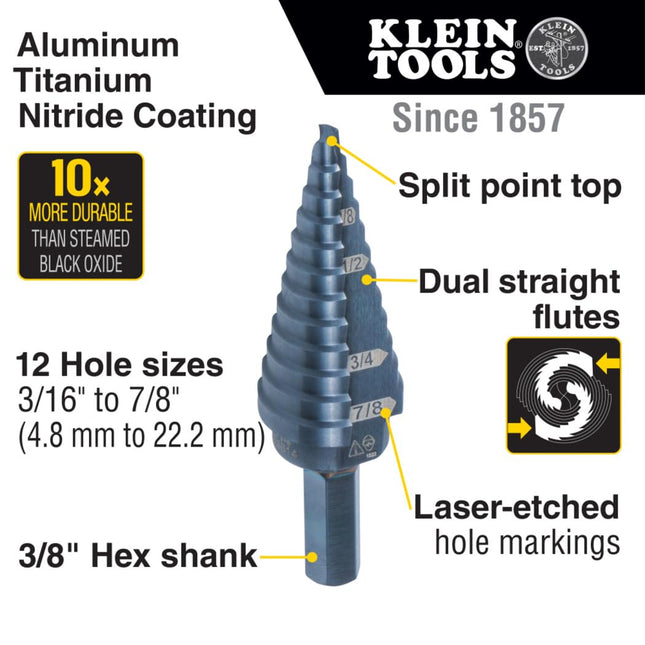 Klein Tools KTSBSPRO Premium 3-Piece Electrician's Step Bit Set with Cutting Oil, Modular Case, 3/8-Inch Hex Shank, Straight Double Fluted