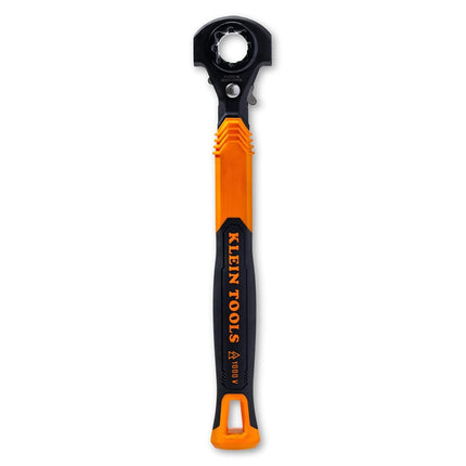 KLEIN TOOLS KT171HFINS 5-in-1 Insulated Lineman Wrench with Dual Hammer Faces, 1000V Rated, Ratcheting Pass-Through Design, Tether Hole, Ergonomic Grip for Utility Pole Hardware