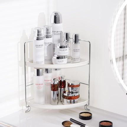 FSyueyun 2-Tier Corner Bathroom Countertop Organizer, Kitchen Spice Rack Makeup Storage Shelf Vanity Bedroom Storage Tray (Silver)