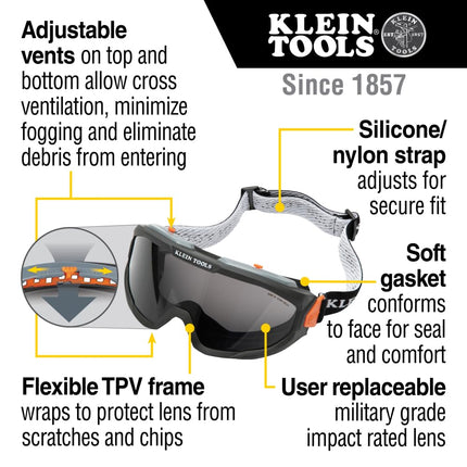 KLEIN TOOLS 60482 Gray Tint OTG Safety Goggles Replacement Lens, Optical Class-1 PPE Eye Protection, Anti-Fog, Scratch-Resistant, UV Protection