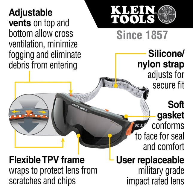 Klein Tools 60480 Safety Goggles, Tinted Grey Lens PPE Eye Protection, Anti-Fog, Scratch-Resistant, UV Protection, Adjustable Vents