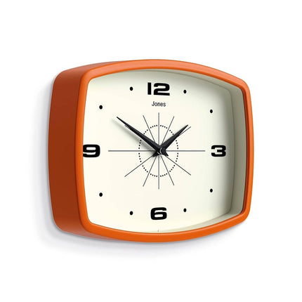 JONES CLOCKS® Movie wall Clock | Rectangular Retro Clock | 10" | Orange | Cool mid-Century Designer Look for Kitchen, Living Room or Office