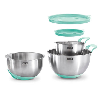 DASH Stainless Steel Mixing Bowls with Lids, Silicone Non-Slip Base with Measuring Lines and Strainer, 3 Bowl Set - 1.5 Quart, 3 Quart, & 5 Quart - Aqua