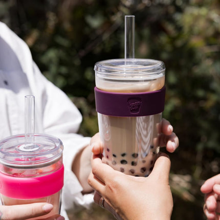 KeepCup Longplay Cold Cup - Double wall Glass, Reusable Ice Coffee Cup with Boba Straw and Lid - Medium 12oz (340ml) - Black