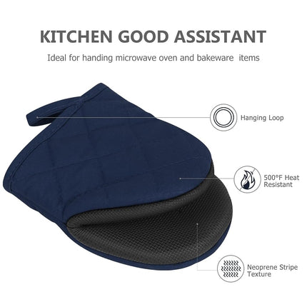 1 Pair Short Oven Mitts - Silicone Kitchen Oven Gloves High Heat Resistant 500℉, Mini Oven Mits with Non-Slip Grip Surfaces and Hanging Loop for BBQ, Baking, Cooking and Grilling (Dark Blue)