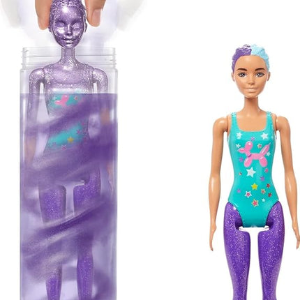Barbie HBG41 - Color Reveal Balon Lalka zmiana włosów, Glitter Violet zestaw zabaw z 25 fryzur i niespodzianek świątecznych, wiek 3+