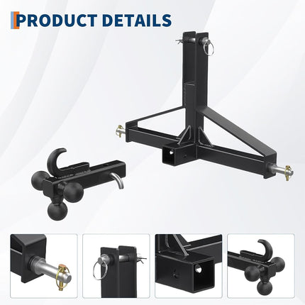 Tractor 3 Point Quick Hitch - 2" Receiver & 4-Way Ball Mount for Tractor Standard Category 1, 10,000Lbs Capacity 3 Point Trailer Hitch for Implements/Trailers
