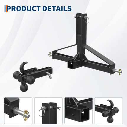 Tractor 3 Point Quick Hitch - 2" Receiver & 4-Way Ball Mount for Tractor Standard Category 1, 10,000Lbs Capacity 3 Point Trailer Hitch for Implements/Trailers