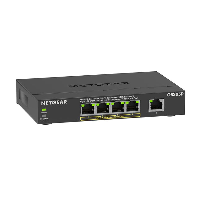NETGEAR 5-Port PoE Gigabit Ethernet Unmanaged Essentials Switch (GS305P) - with 4 x PoE+ @ 63W, Desktop or Wall Mount