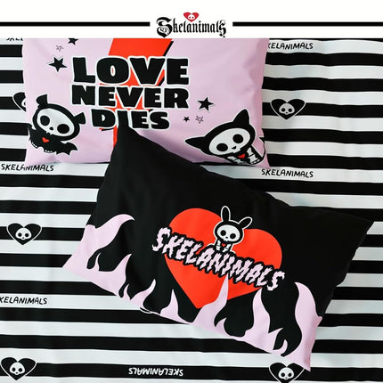 Skelanimals Bedding 5 Piece Twin Spooky Bed Set, Soft Microfiber Checkered Comforter and Sheet Set with Sham, Kit The Cat, (Officially Licensed Product) by Franco Collectibles