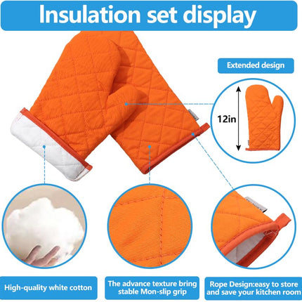 Oven Mitts and Pot Holders 4 pcs Set,High Heat Resistant 500 Degree Extra Thicken Long Kitchen Cotton Oven Glove for Cooking (12 Inch,Orange)