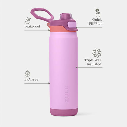 ZULU Powerfill Pro 24oz Stainless Steel Water Bottle with Quick Fill Lid, Triple Walled Vacuum Insulated Metal, Leak Proof Locking Lid, Sip and Chug, Reusable BPA Free, Sherbert