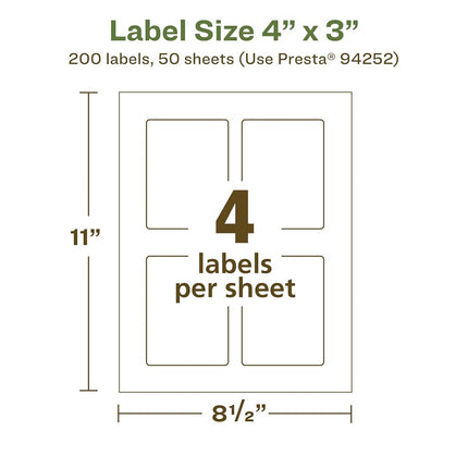 Avery EcoFriendly Matte White Recycled Rectangle Labels, 4" x 3", Print-to-The-Edge, Matte White Labels, Permanent Label Adhesive, Laser/Inkjet, 200 Printable Labels