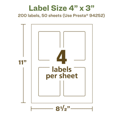 Avery EcoFriendly Matte White Recycled Rectangle Labels, 4" x 3", Print-to-The-Edge, Matte White Labels, Permanent Label Adhesive, Laser/Inkjet, 200 Printable Labels