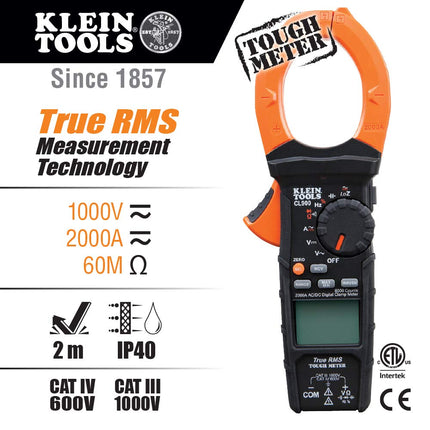 Klein Tools CL900 Digital Clamp Meter, Auto Ranging TRMS, AC/DC Voltage/Current, 2000A, LOZ, Continuity, Frequency, NCVT, Temp, More, 1000V