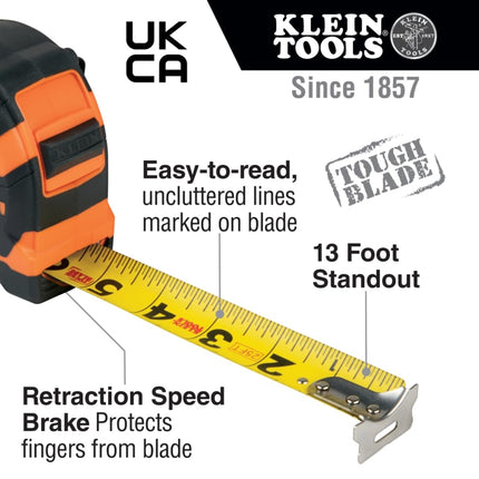 Klein Tools 91616 Tape Measure, Heavy-Duty Measuring Tape with 16-Foot Single-Hook Nylon Reinforced Blade, with Metal Belt Clip