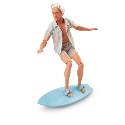 Barbie The Movie Ken Doll Wearing Pastel Pink and Green Striped Beach Matching Set with Surfboard and White Sneakers, JBJ54