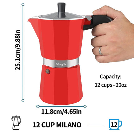 Mongdio Stovetop Espresso Maker Moka Pot, Stove Top Cuban Coffee Maker, Italian Greca Mocha Pot, 12 Espresso Cups, 20 oz - Red