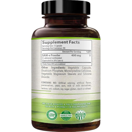 Healthy Way Pure SAM-e 400mg Supplement (Non-GMO) - 90 Capsules Sam-e (S-Adenosyl Methionine) to Support Mood, Joint Health, and Brain Function Non GMO USA Made