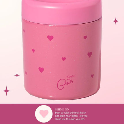 Paris Hilton Stainless Steel Food Jar, Double Wall Vacuum Sealed Insulated Food Storage Container with Carry Handle Lid, 12-Ounce, Pink with Heart Design