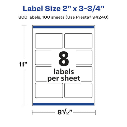 Etiquetas rectangulares removibles Avery blancas mate con tecnología Sure Feed, impresión de borde a borde, 2" x 3.75", 800 etiquetas removibles, imprimibles con láser/inyección de tinta