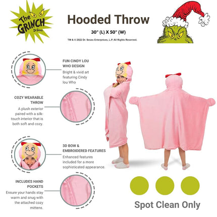 Franco Dr. Seuss The Grinch Cindy Lou Holiday Christmas Kids Bedding Soft Cozy Hooded Throw Blanket, 30 in x 50 in, (Officially Licensed Product)
