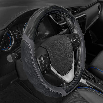 Motor Trend SW-812 Gray Ultra Sport Pebbled Leather Steering Wheel Cover with Carbon Fiber Detail-Universal Fit for Standard Sizes 14.5 to 15.5 inches Black